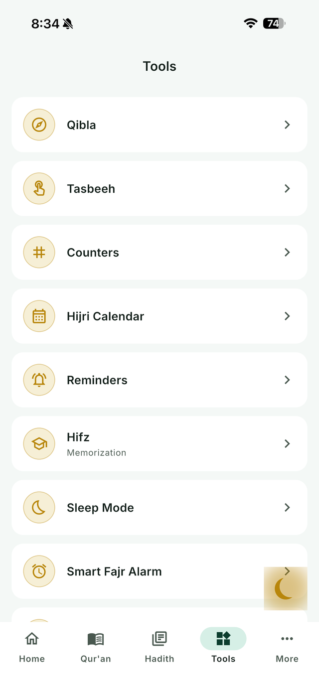 Tools screen showing Qibla, Tasbeeh, Counters, Hijri Calendar, Hifz memorization, Sleep Mode, and Smart Fajr Alarm